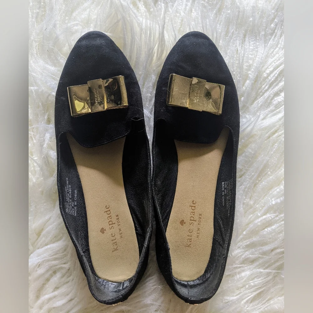 Kate Spade Silina Black Suede Gold Bow Flats size 8